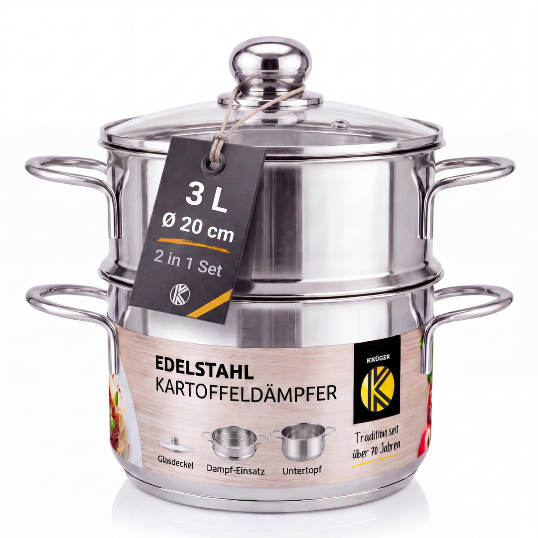 Krüger Edelstahl-Kartoffeldämpfer mit Glasdeckel - Bio-Dünster mit praktischem Schüttrand &amp; energies