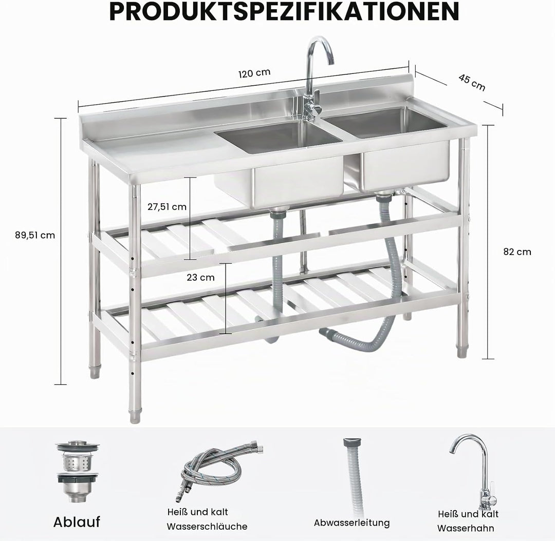 Edelstahl Spültisch 120x46x81CM, Freistehende Küchenspüle Gewerbliche Spülbecken Mit 1 Becken Wasser
