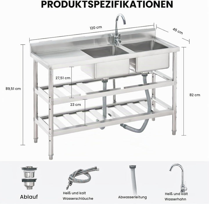 Edelstahl Spültisch 120x46x81CM, Freistehende Küchenspüle Gewerbliche Spülbecken Mit 1 Becken Wasser