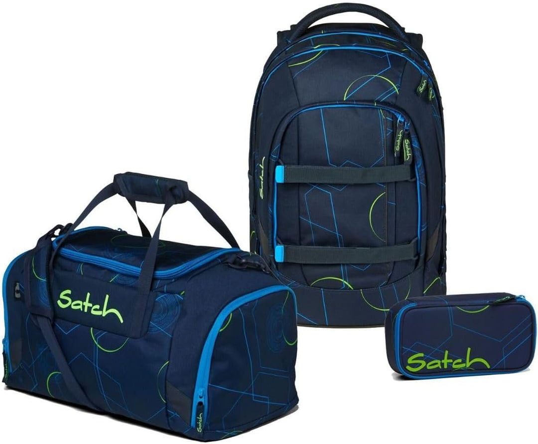 Satch Pack Schulrucksack Set 3tlg. inkl. Schlamperbox und Sporttasche Blue Tech, Blue Tech