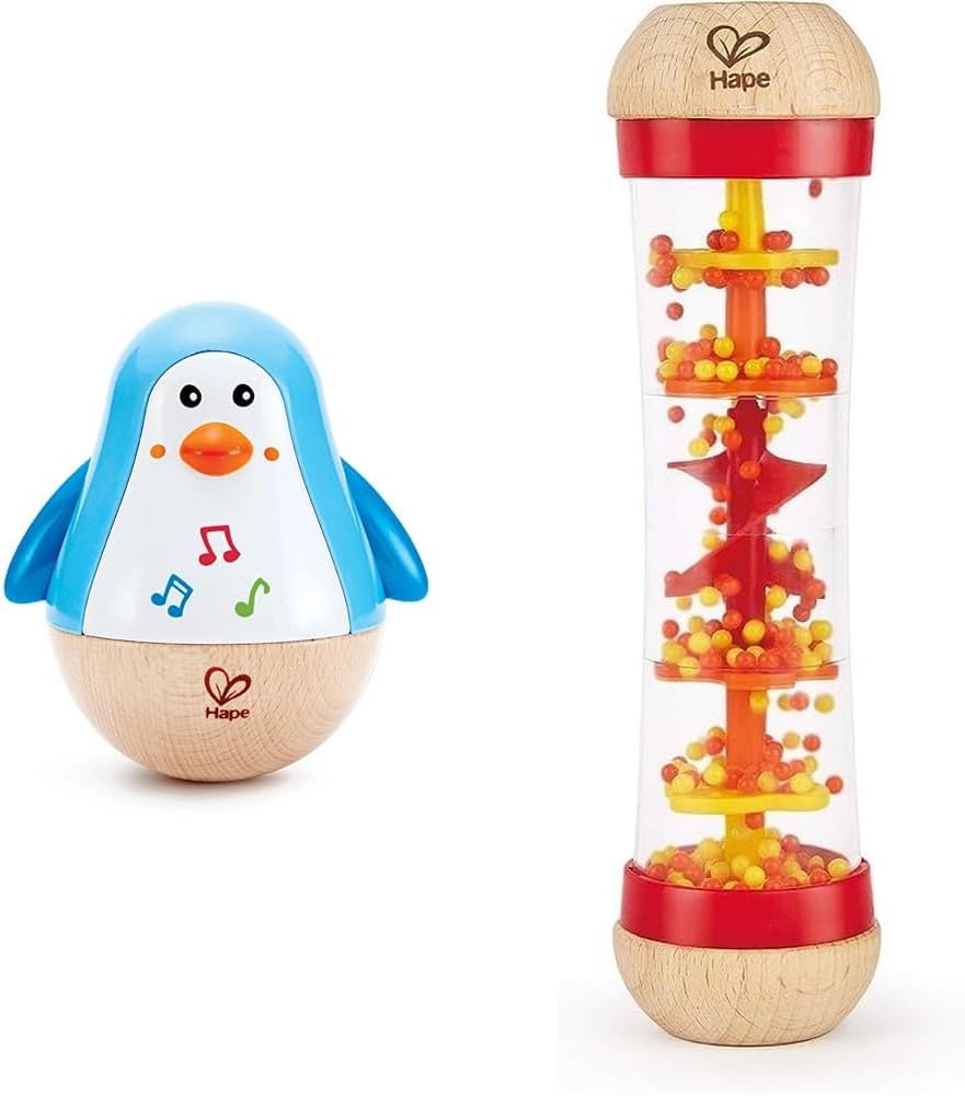 Hape E0331 - Stehauf-Pinguin, Stehaufmännchen mit Klang, blau, ab 6 Monaten & E0327 - Roter Regenmac
