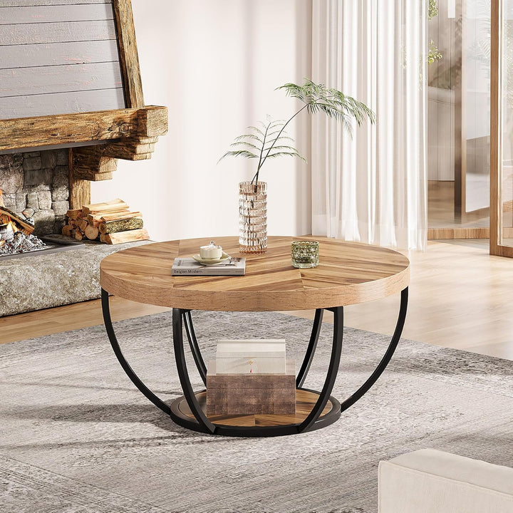 Tribesigns Runde Couchtisch, Industrial 2-Tier-Kreis Couchtisch mit Lagerung Regale, Moderne hölzern