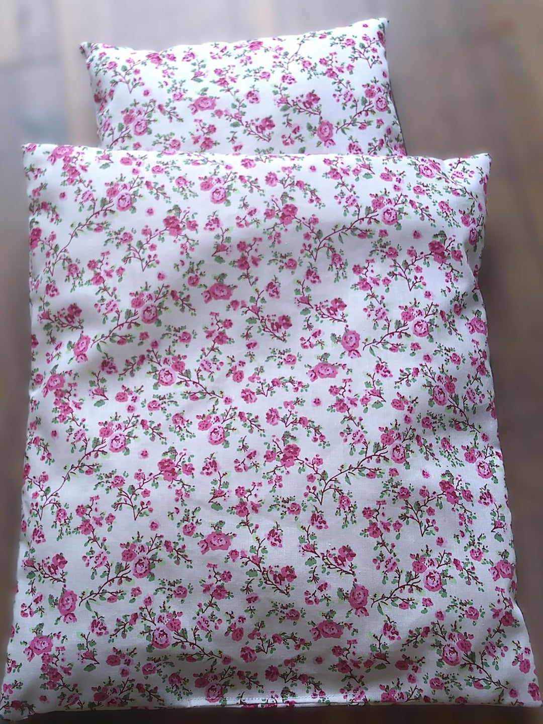 Puppenbettwäsche, Romance 2 teilig, Decke 33b x 37h/ Kissen 23b x 16h, Puppenwagen, Puppenbett, Wieg