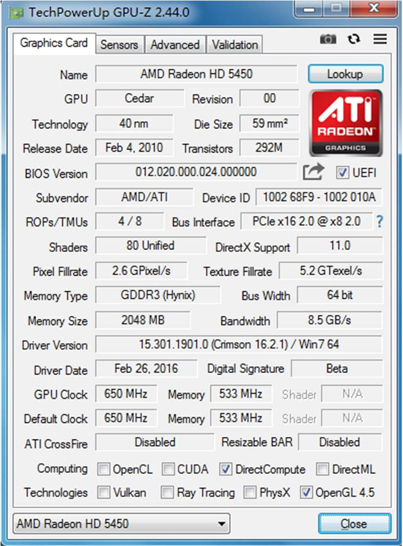 QTHREE Radeon HD 5450 Grafikkarte, 2 GB, GDDR3, 64 Bit, DVI HDMI VGA, Low Profile, PCI Express x16,