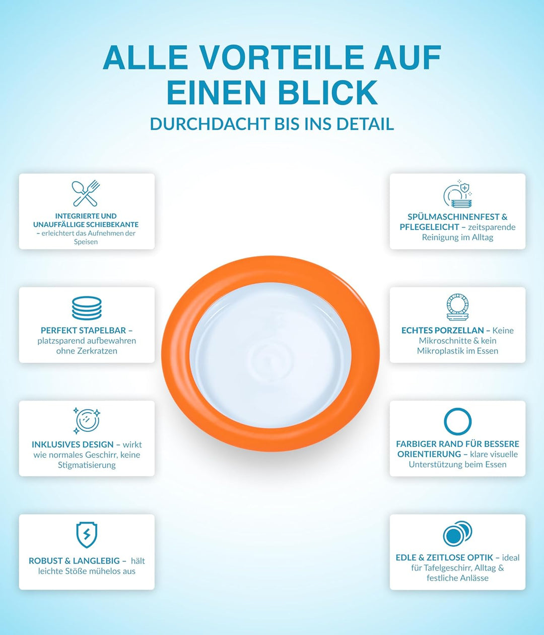unisonoPLUS Suppenteller Porzellan Orange 22 cm – Mit Schiebekante, rutschfest, spülmaschinen- &amp; mik