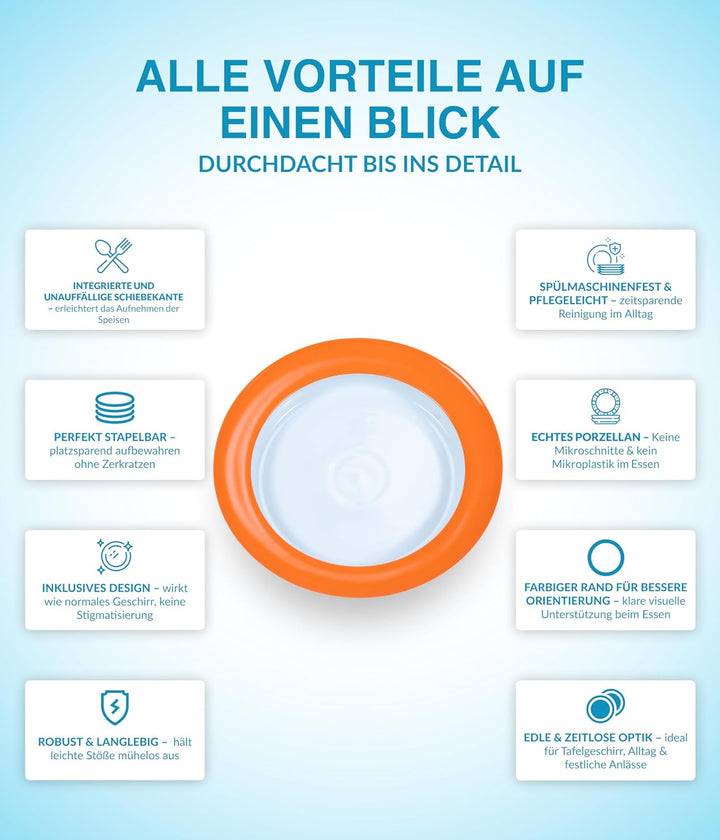 unisonoPLUS Suppenteller Porzellan Orange 22 cm – Mit Schiebekante, rutschfest, spülmaschinen- &amp; mik