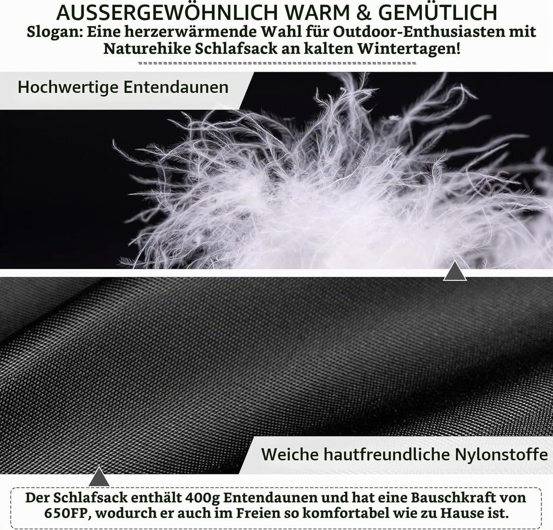 Naturehike CW400 ultraleichter Daunenschlafsack Mumien-Campingschlafsack für Erwachsene Füllkraft 65
