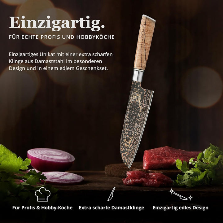 zayiko BlackMagma Damastmesser Santoku I 16,5 cm Klinge aus Damaststahl mit Kupfer & Bronze sowie Ah