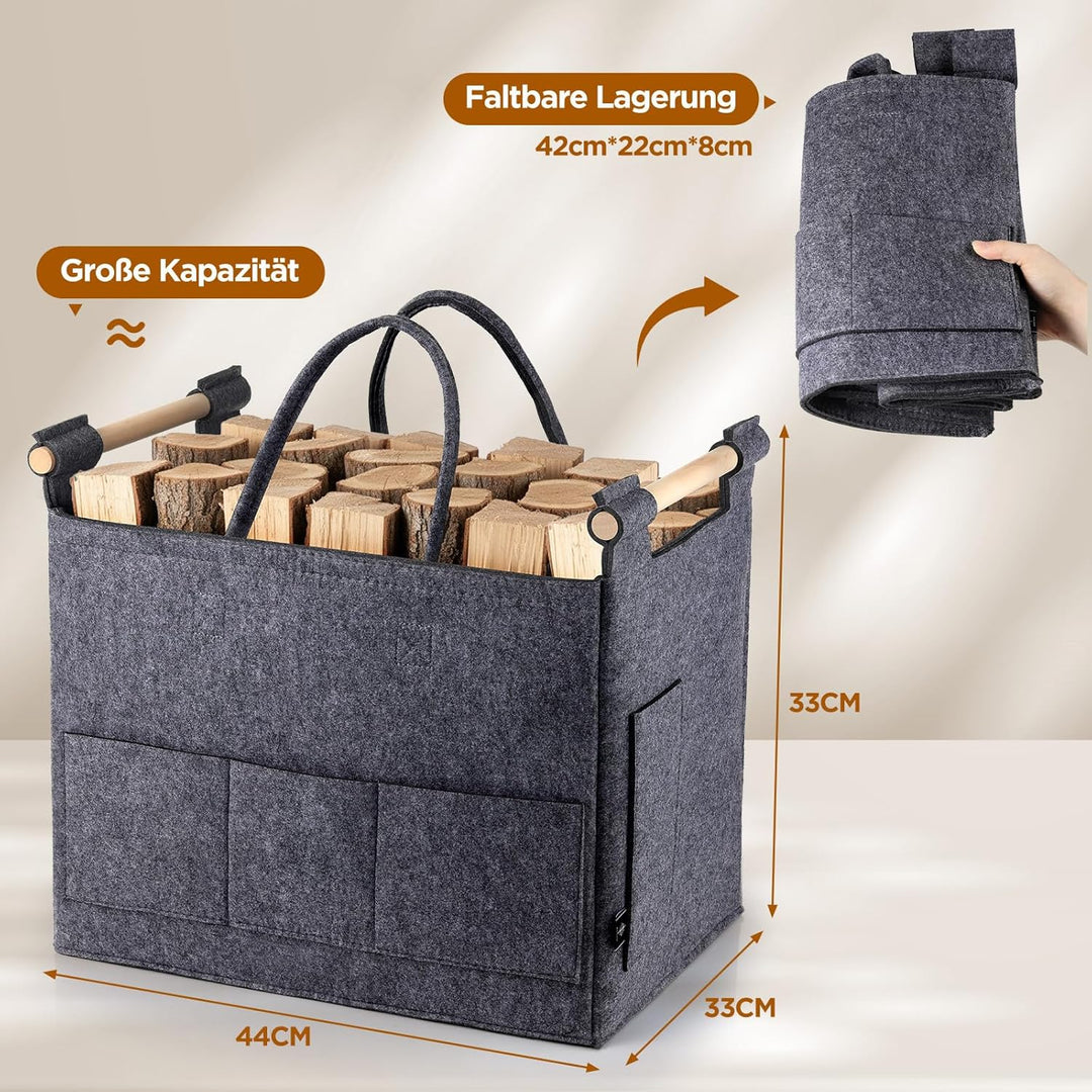 Filzkorb für Brennholz, 44x25x34 cm, Faltbar mit Verstärkten Griffen, Grau (Grau), (Grau)