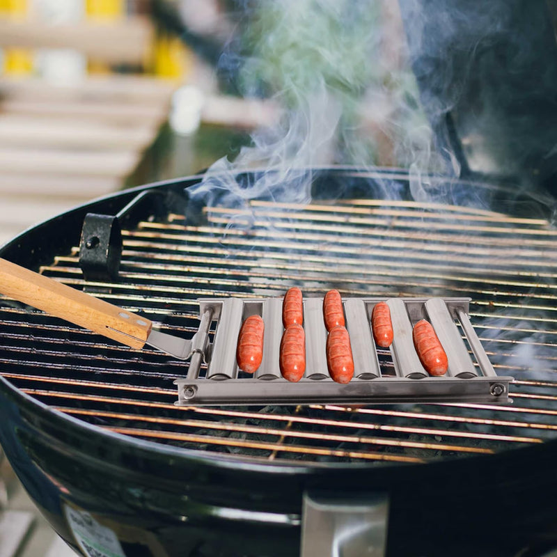 Edelstahl Hot Dog Roller für Grill + Metallspatel mit Langem Holzgriff, BBQ Wurstroller für Grill Pl