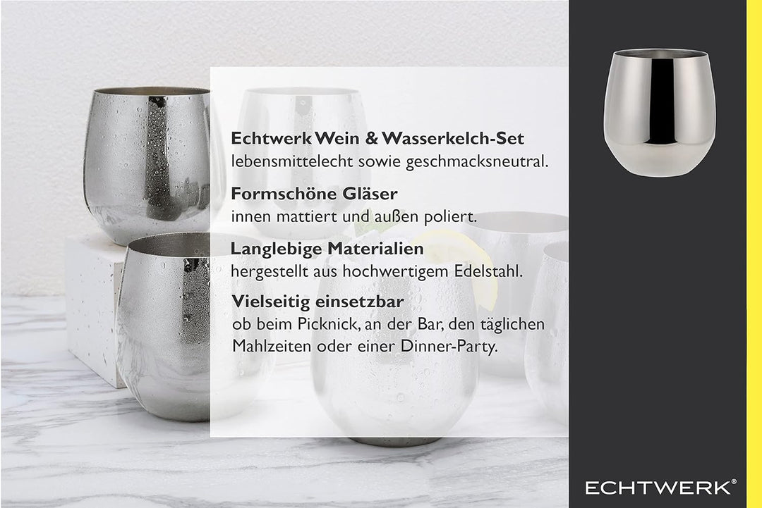 Echtwerk Weingläser, 6-tlg Rotweingläser, Trinkbecher aus Edelstahl, Unzerbrechliche Trinkgläser, Br