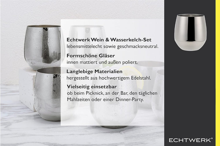 Echtwerk Weingläser, 6-tlg Rotweingläser, Trinkbecher aus Edelstahl, Unzerbrechliche Trinkgläser, Br