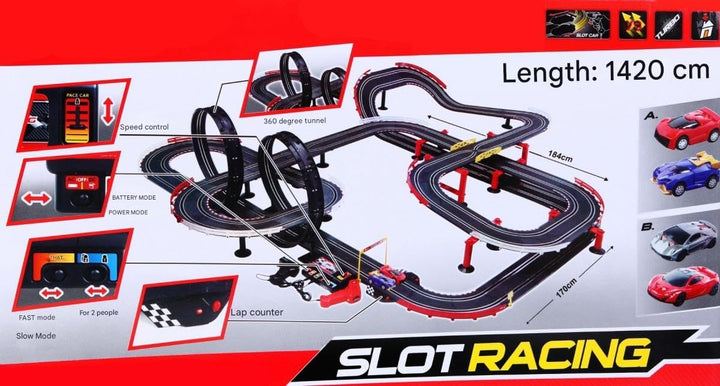 BSD Gigant Spielzeug Rennbahn Riesenrennbahn, Länge 14 Meter (1420cm), Massstab 1:43, Geschwindigkei