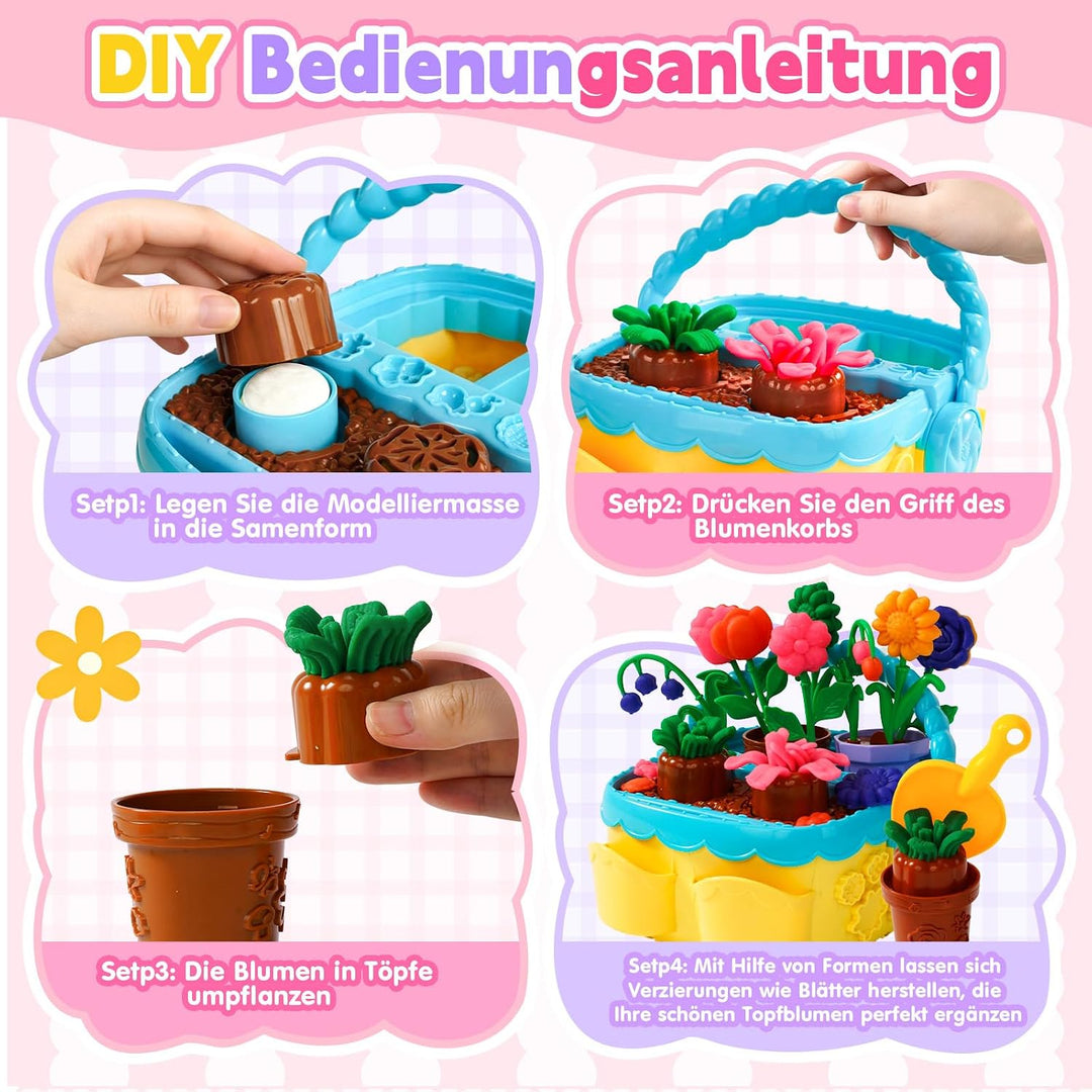 VBACALA Bunter Blumenspass Knete Set,43PCS Kreatives Bastelset mit 6 Farben Knetmasse, 10 Blumenform