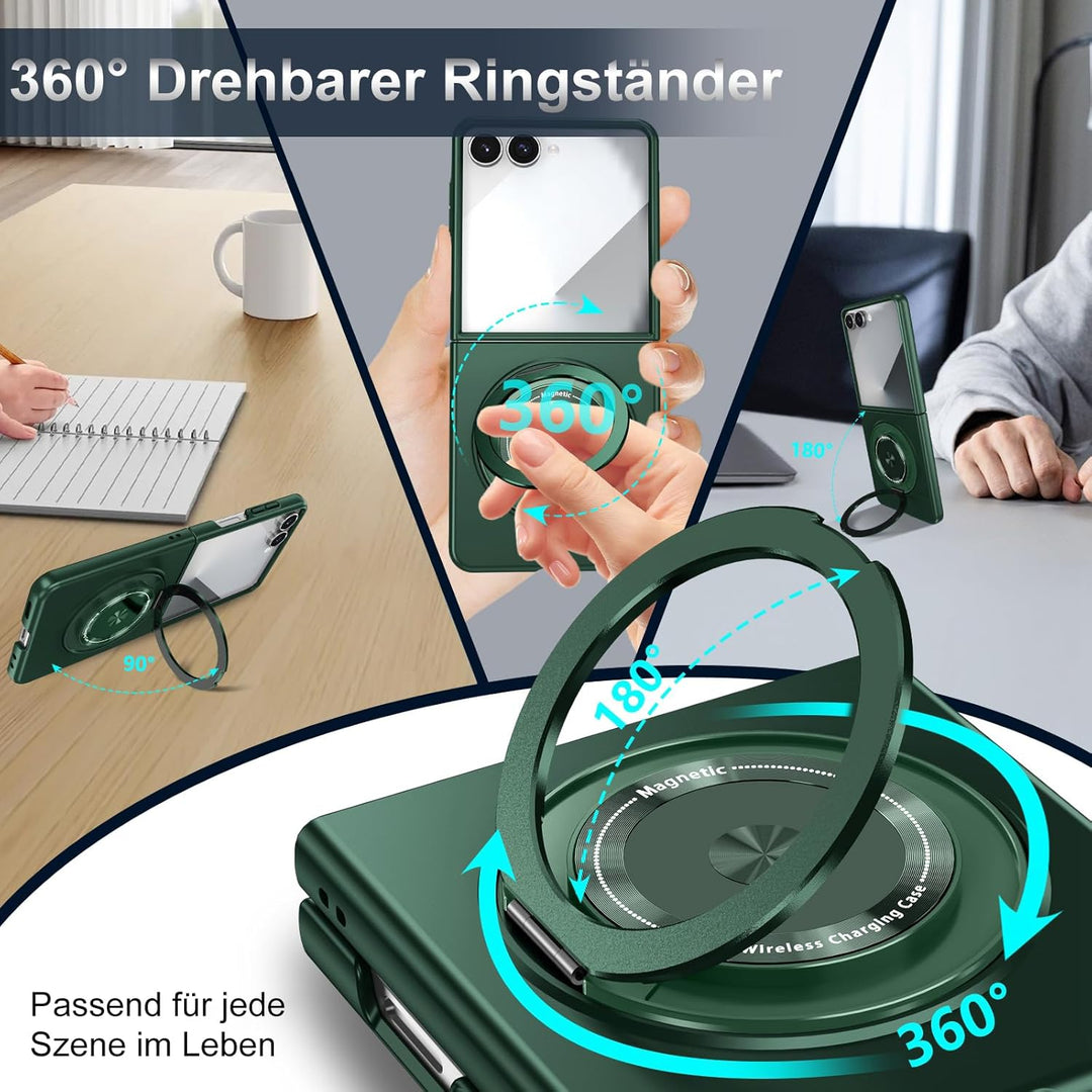 Handyhülle für Samsung Galaxy Z Flip 7 Hülle mit Schutzfolie, 360 Grad Magnetisch Metall Ring Stände