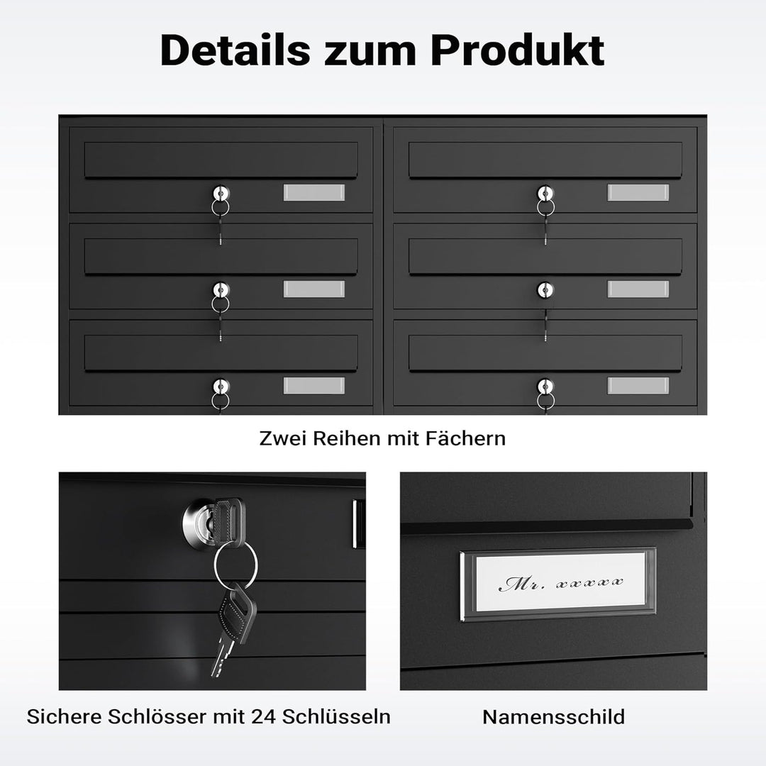 Wiltec 12er Briefkastenanlage schwarz 945 x 270 x 1500 mm, Standbriefkasten mit 2x6 Fächern, Schlüss