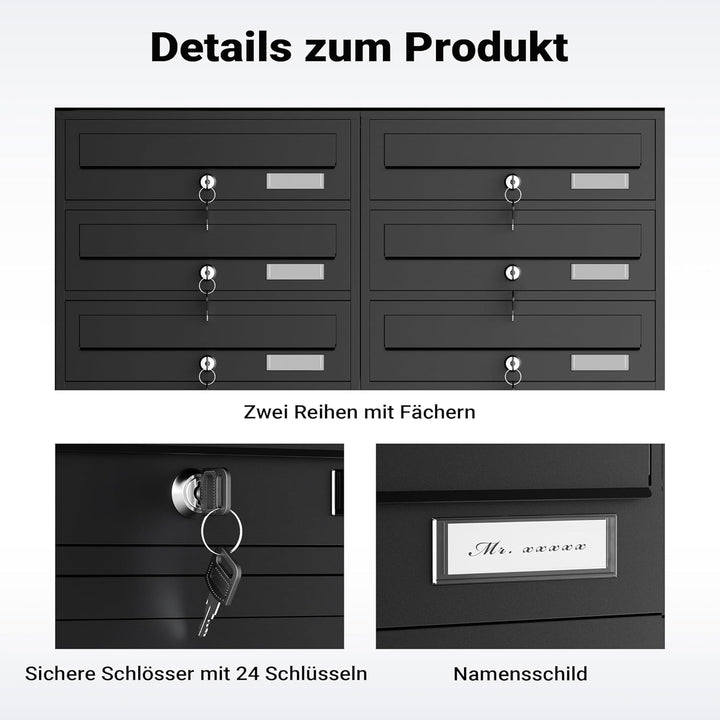 Wiltec 12er Briefkastenanlage schwarz 945 x 270 x 1500 mm, Standbriefkasten mit 2x6 Fächern, Schlüss