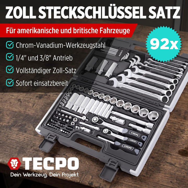 TECPO 300383 Zoll Werkzeug Satz Harley Steckschlüssel Nüsse Grössen Nuss Set Ratschenkasten