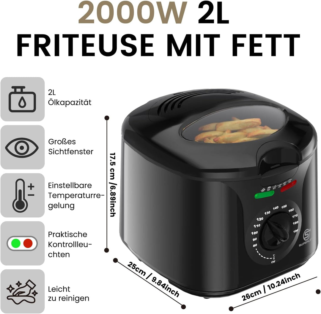 Friteuse mit Fett 2L Edelstahl 1300W Elektrische Kompakte Mini Fritteuse Öl mit Temperaturregelung f