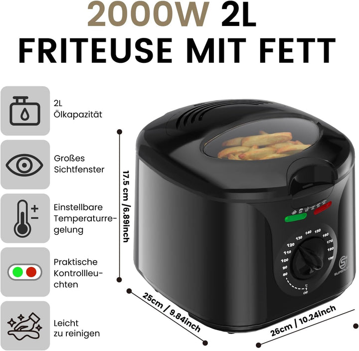 Friteuse mit Fett 2L Edelstahl 1300W Elektrische Kompakte Mini Fritteuse Öl mit Temperaturregelung f