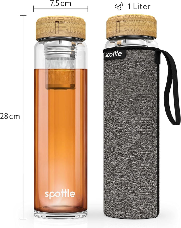 spottle Teeflasche Glas 1 Liter mit Siebeinsatz – Teekanne to go - Glasflasche mit Teeeinsatz und Sc
