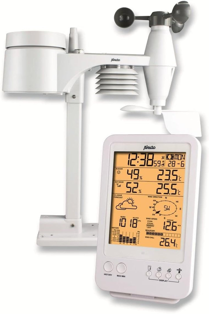 Alecto WS-4800 Funk Wetterstation mit grossem Display. Misst die Temperatur, Windgeschwindigkeit, Lu
