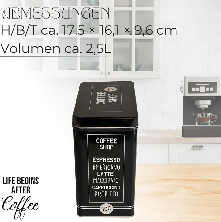Vorratsdose Kaffeedose Teedose eckig mit Schublade, lackiert schwarz mit weisser Schrift Masse: (H/B