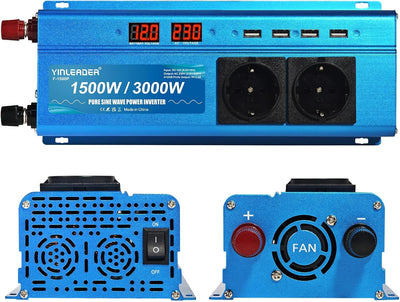 Wechselrichter 1500W /3000W 12V 230V Reiner Sinus Spannungswandler mit 2 Steckdose 4 USB Anschlüsse