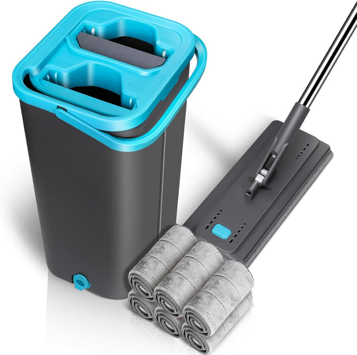 MASTERTOP Bodenwischer Set mit Eimer, Flacher Wischmopp mit 6 Mikrofaser Pads für Nass-Trockennutzun