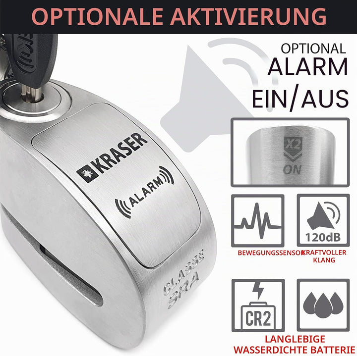 KRASER KR10S Motorrad Alarm Vorhängeschloss, 120dB Double Lock Anti-Diebstahl Bike Disc Clip mit War