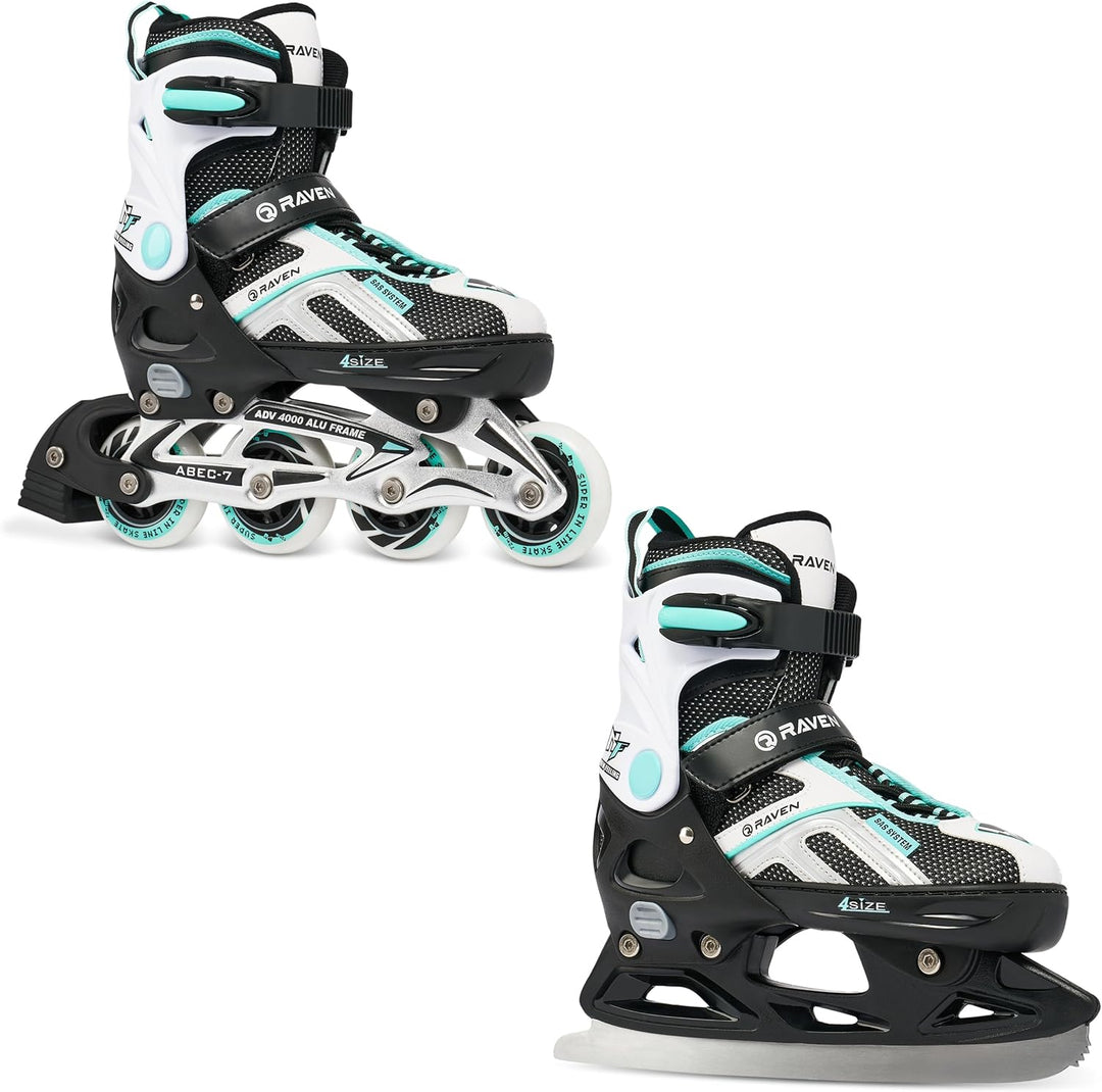 Raven Pulse Black/Mint 2in1 Verstellbare Schlittschuhe und Inline Skates - Inliner für Kinder und Er