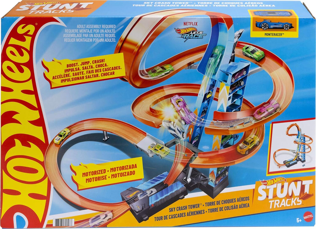 Hot Wheels GWT39 - Himmelscrash-Turm, 60cm hoch mit batteriebetriebenem Beschleuniger und orangem Tr