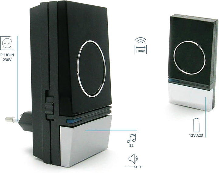 Avidsen 102326 Nielsen 100 m Plug-In Wireless Door Chime with 32 Chimes High Gloss Black by Avidsen