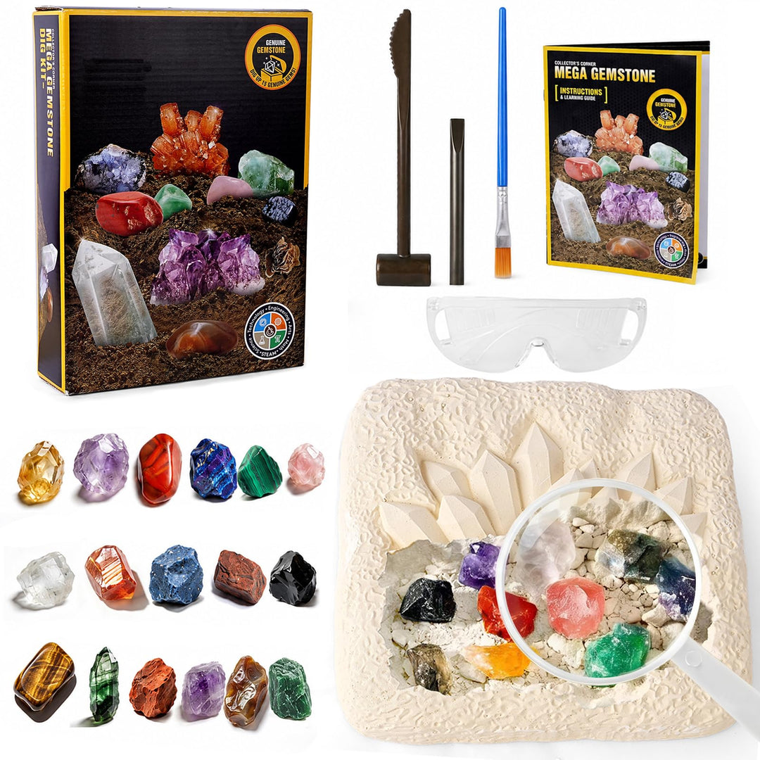 Ausgrabungsset für Kinder, 15+ Edelsteine & Kristalle, Komplettes Entdeckungs-Set mit Detailliertem