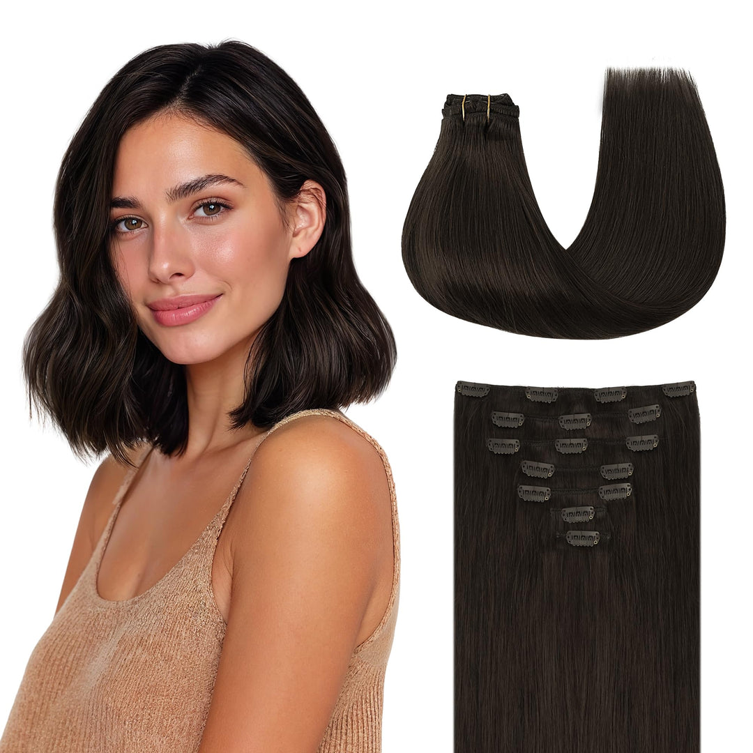 GOO GOO Clip in Extensions Echthaar, Echthaar Extensions Clip, 20cm 50g 7pcs, Haarverlängerung Echth