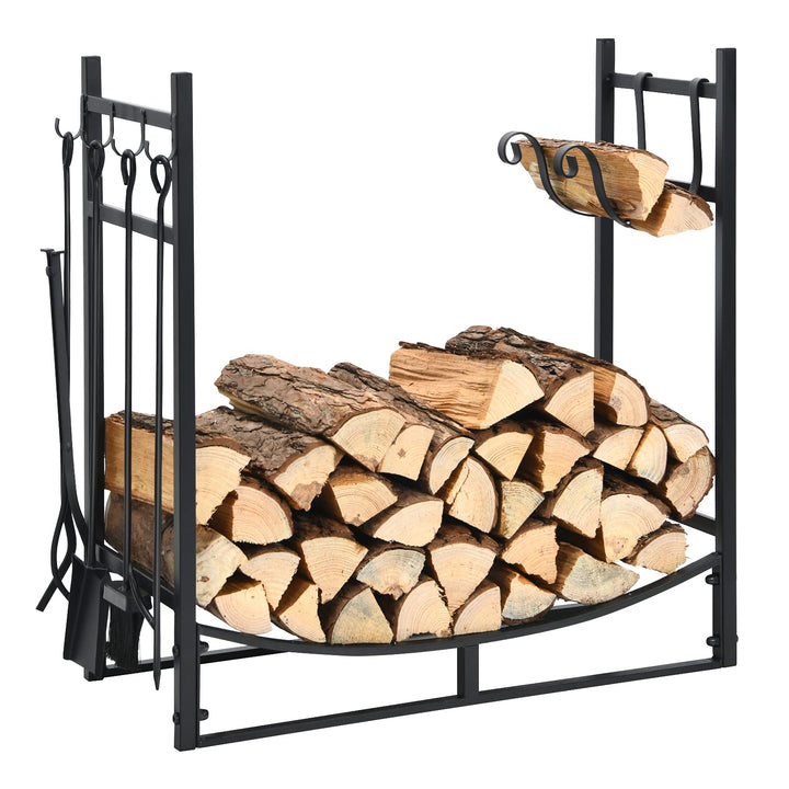 COSTWAY Kaminholzregal mit 4 tlg. Kaminbesteck Set, Brennholzregal Metall Kaminholzständer Kaminzube