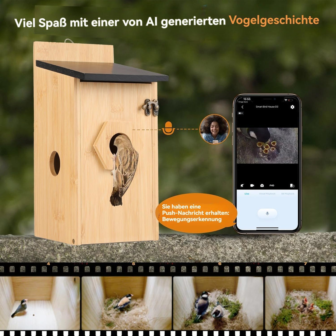 Vogelhaus mit Kamera, 4MP HD Nistkasten mit Kamera wetterfest, 2,4G WiFi & App Benachrichtigung, Beo
