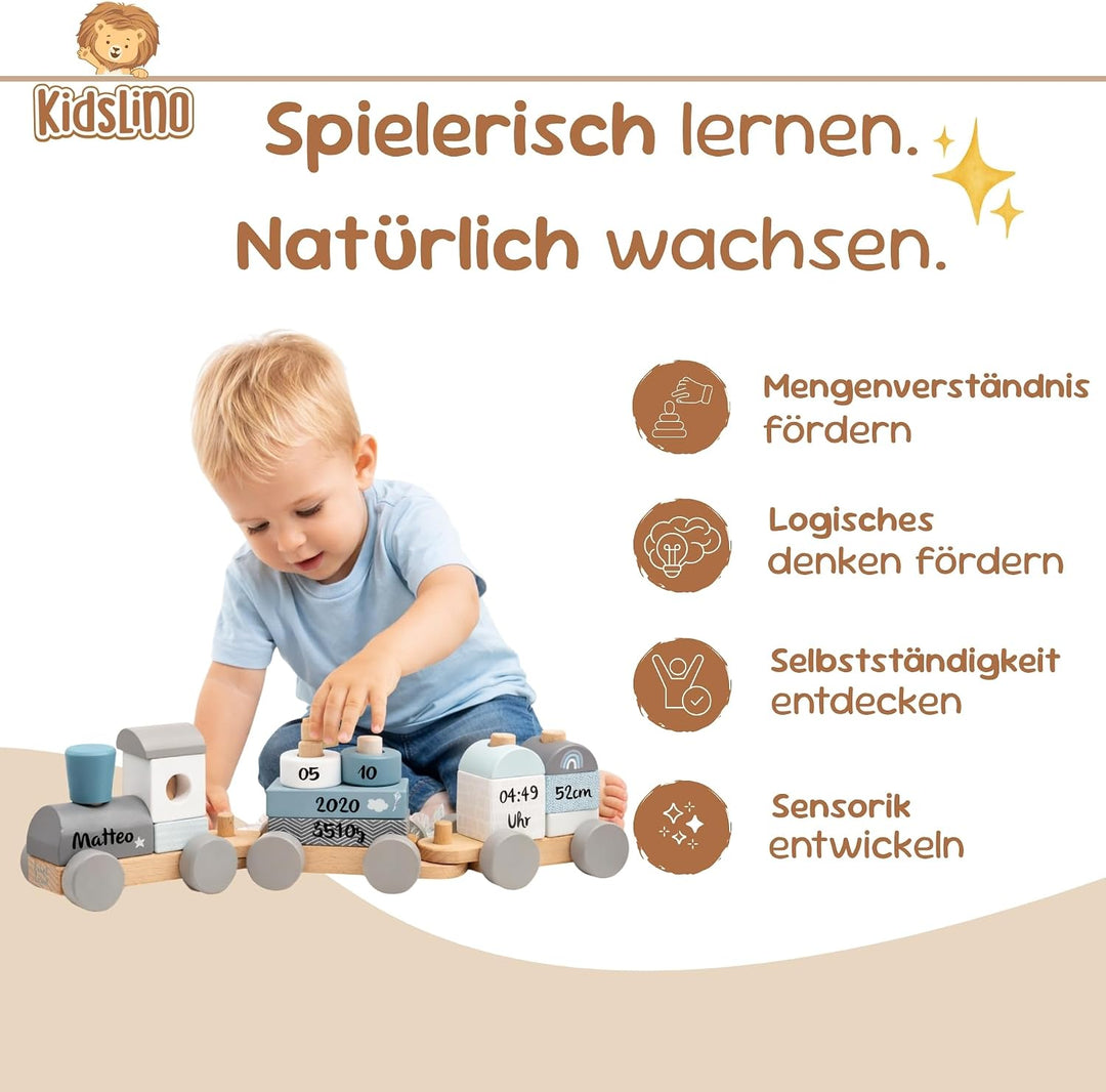 Personalisierte Holzeisenbahn blau - Personalisierte Geschenke Baby I Steckspielzeug I Geschenk zur