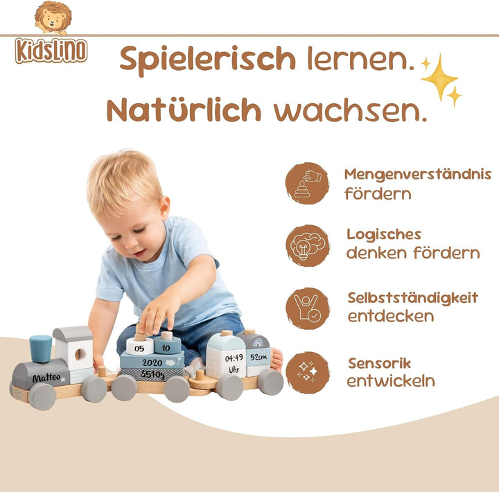 Personalisierte Holzeisenbahn blau - Personalisierte Geschenke Baby I Steckspielzeug I Geschenk zur