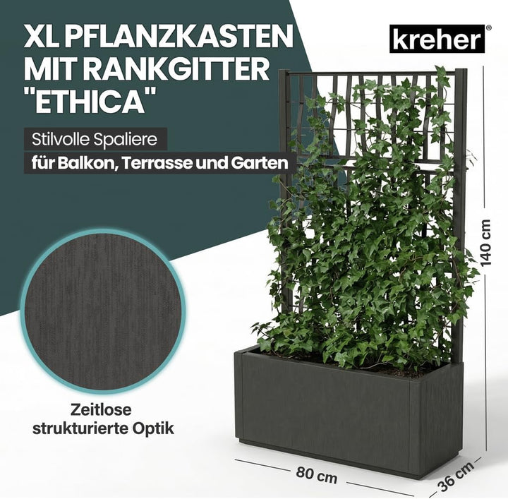 Kreher® XL Rankgitter, Spalier mit Pflanzkasten aus robustem Kunststoff. Masse BxTxH in cm: 80 x 36