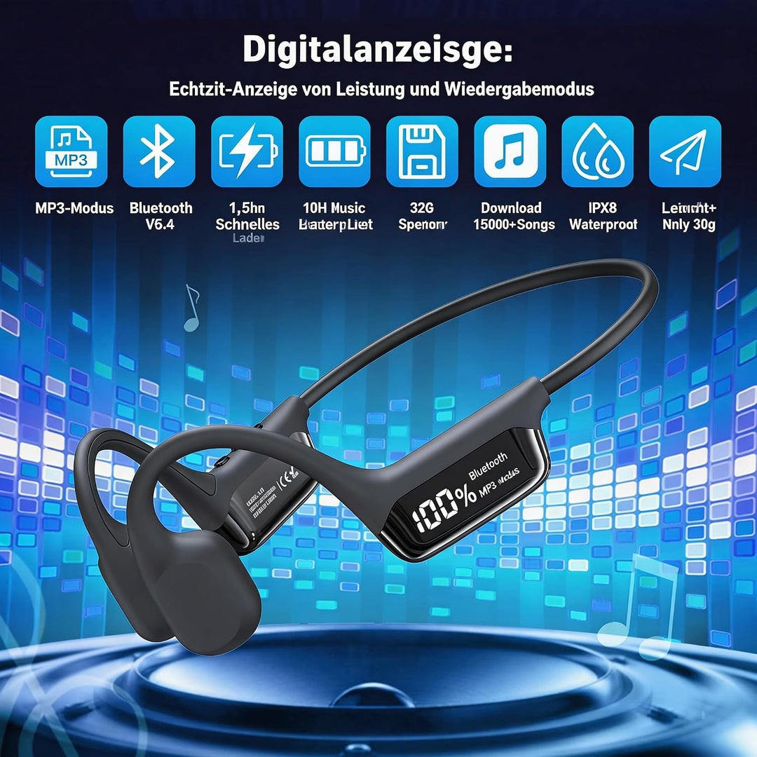 Kopfhörer Schwimmen,IPX8 wasserdichte Kopfhörer mit LED-Display, Bluetooth 5.4 Knochenleitungs Schwi