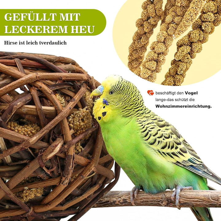 3 Stück Kolbenhirse gefüllte Weidenkugel-für Vögel zum Kauen und Klettern – handgefertigt – Vogelkau