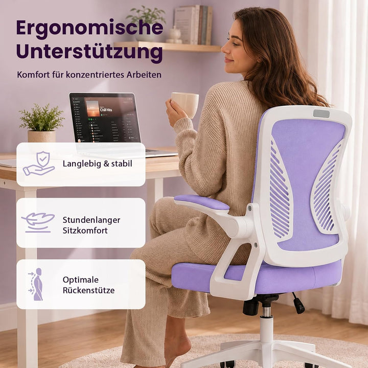 Ergonomischer Bürostuhl mit Mesh Rückenlehne, klappbaren Armlehnen und Wippfunktion, Schreibtischstu