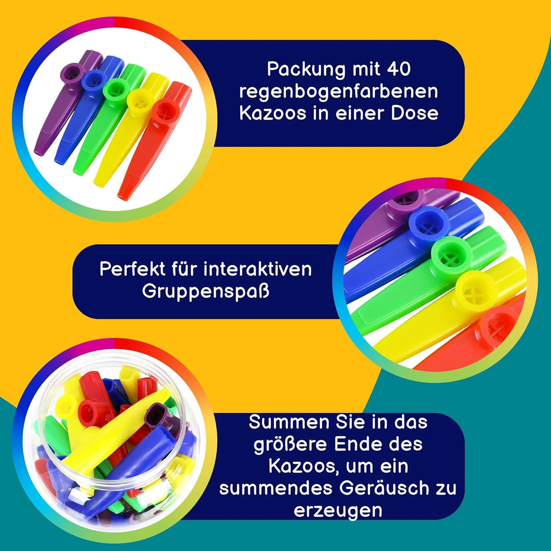 A-Star Kunststoff-Kazoos in mehreren Farben – Packung mit 40 Stück – in Kunststoffwanne mit Tragegri