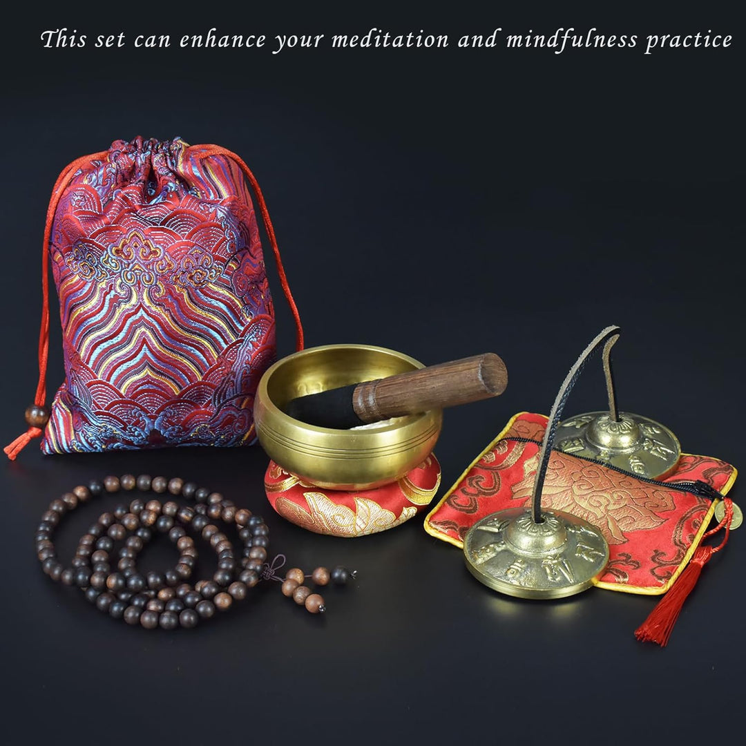 Artcome 7PCS Tibetan Meditation Set - Tibetan Singing Bowl & Tibetan Tingsha Cymbals Bells Handmade