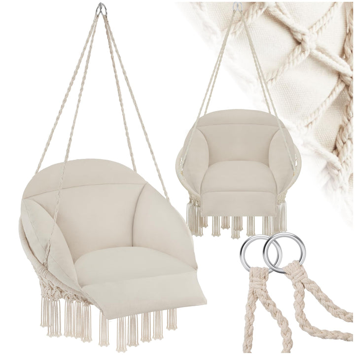 tectake® Hängesessel, Hängeschaukel mit dicken Kissen & Quasten, Boho Hängekorb Ø 80 cm, Hängesessel