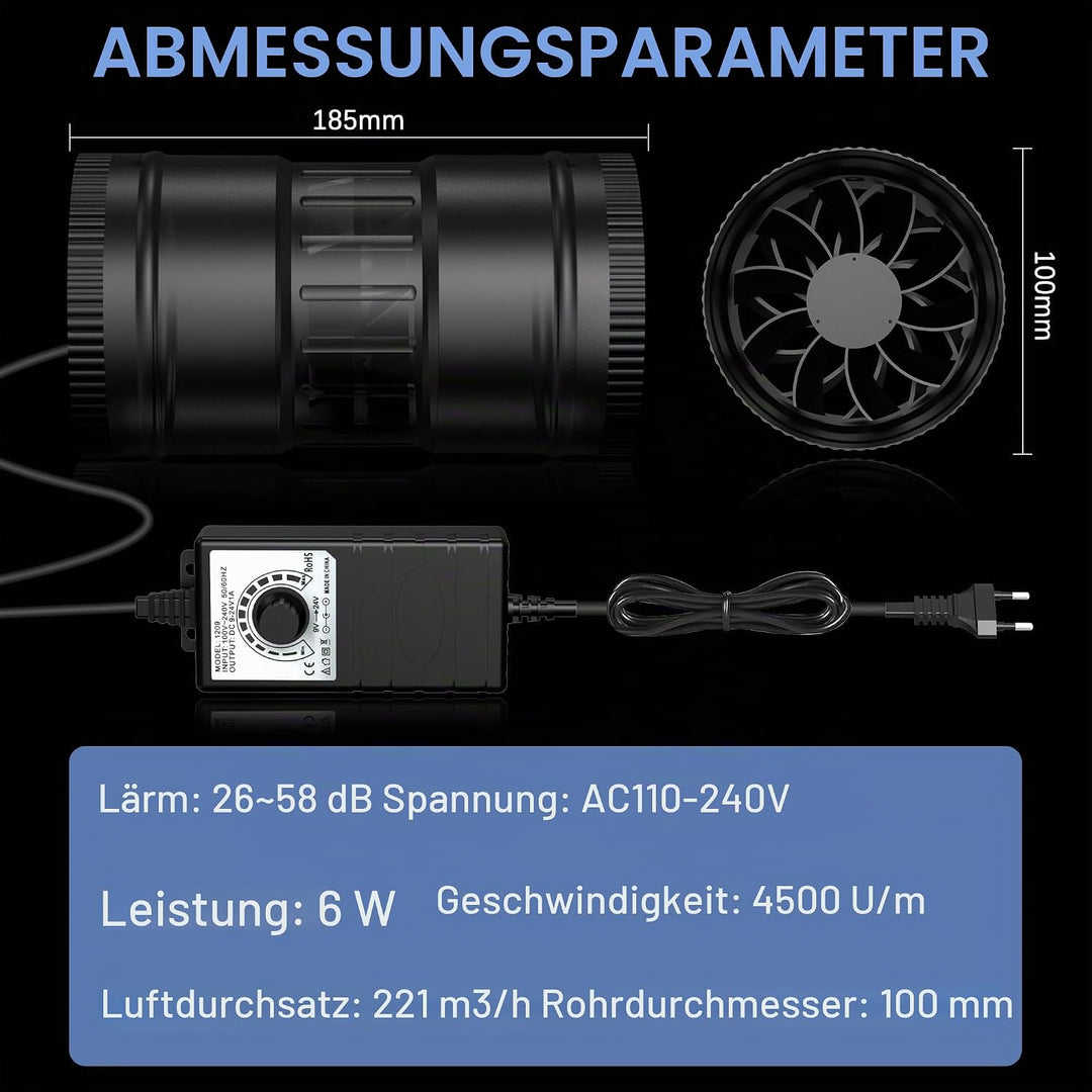 Rohrventilator 100mm, Rohrlüfter 221m³/h, EC Motor Ausgestattet Steckdose mit Timer, Verzögerung, Te