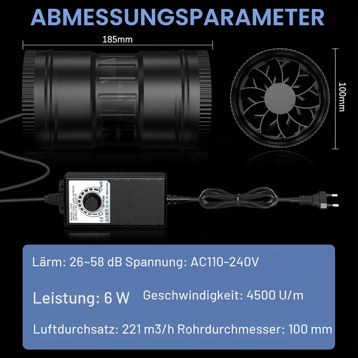 Rohrventilator 100mm, Rohrlüfter 221m³/h, EC Motor Ausgestattet Steckdose mit Timer, Verzögerung, Te