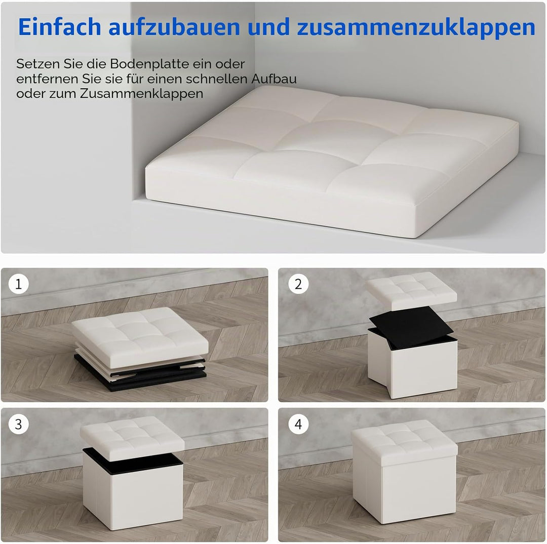 BRIAN & DANY Sitzhocker faltbar Sitzbank Kunstleder Aufbewahrungsbox mit Stauraum, Weiss, 38 x 38 x