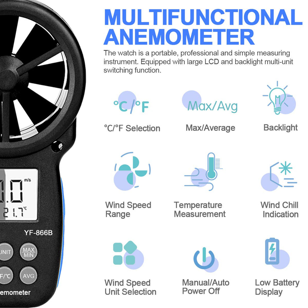 INFURIDER Digital Anemometer YF-866B,Windmesser Windmessgerät LCD Wind Speed Meter Gauge Air Flow Me